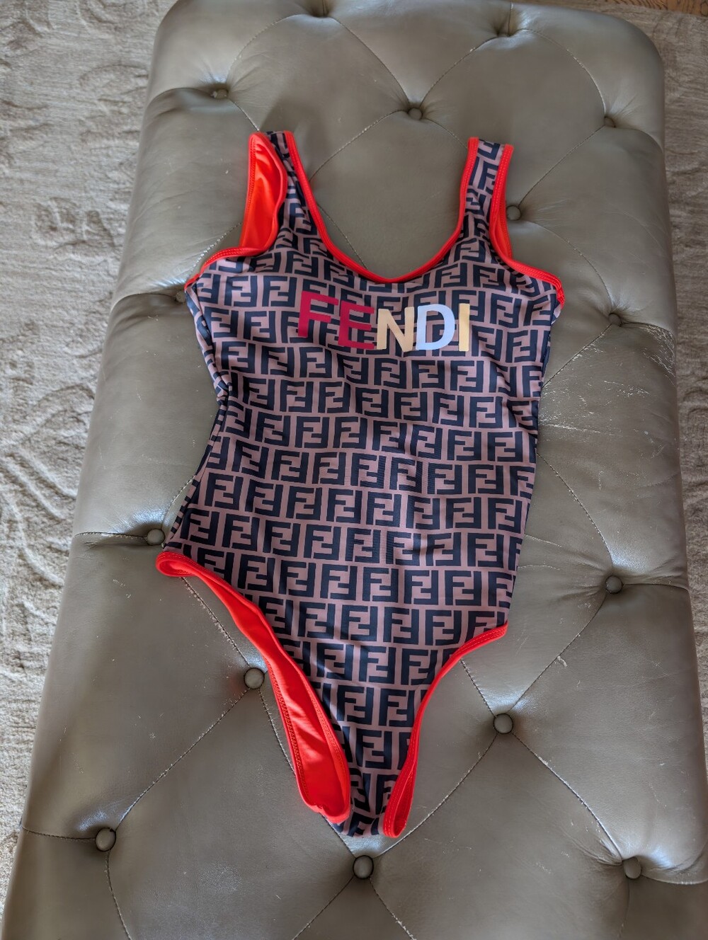 BROWN AND ORANGE Open Back Monogram Bathing Suit Size L!